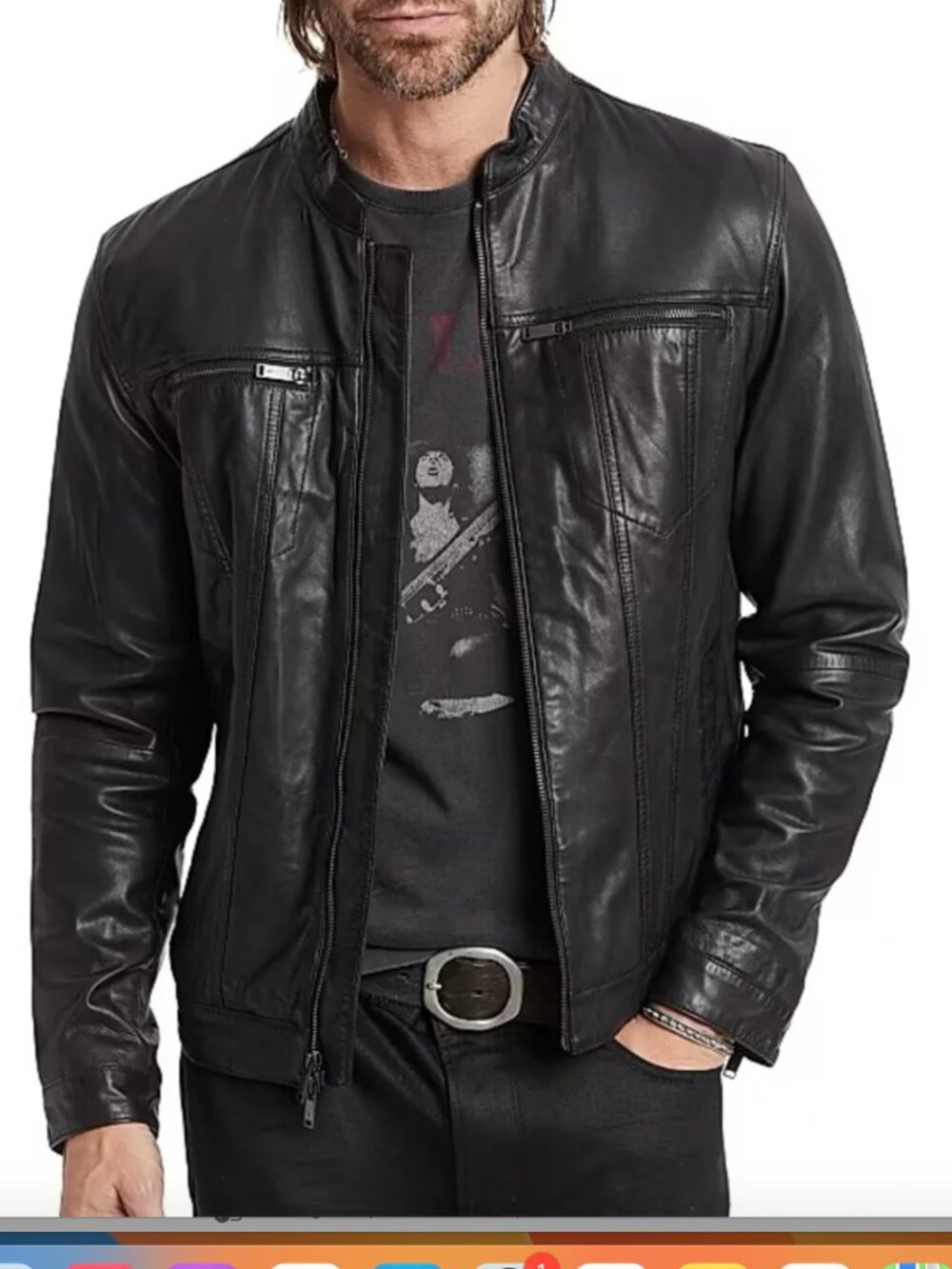 John Varvatos men's black soft leather sleak bomber jacket XL with band collar